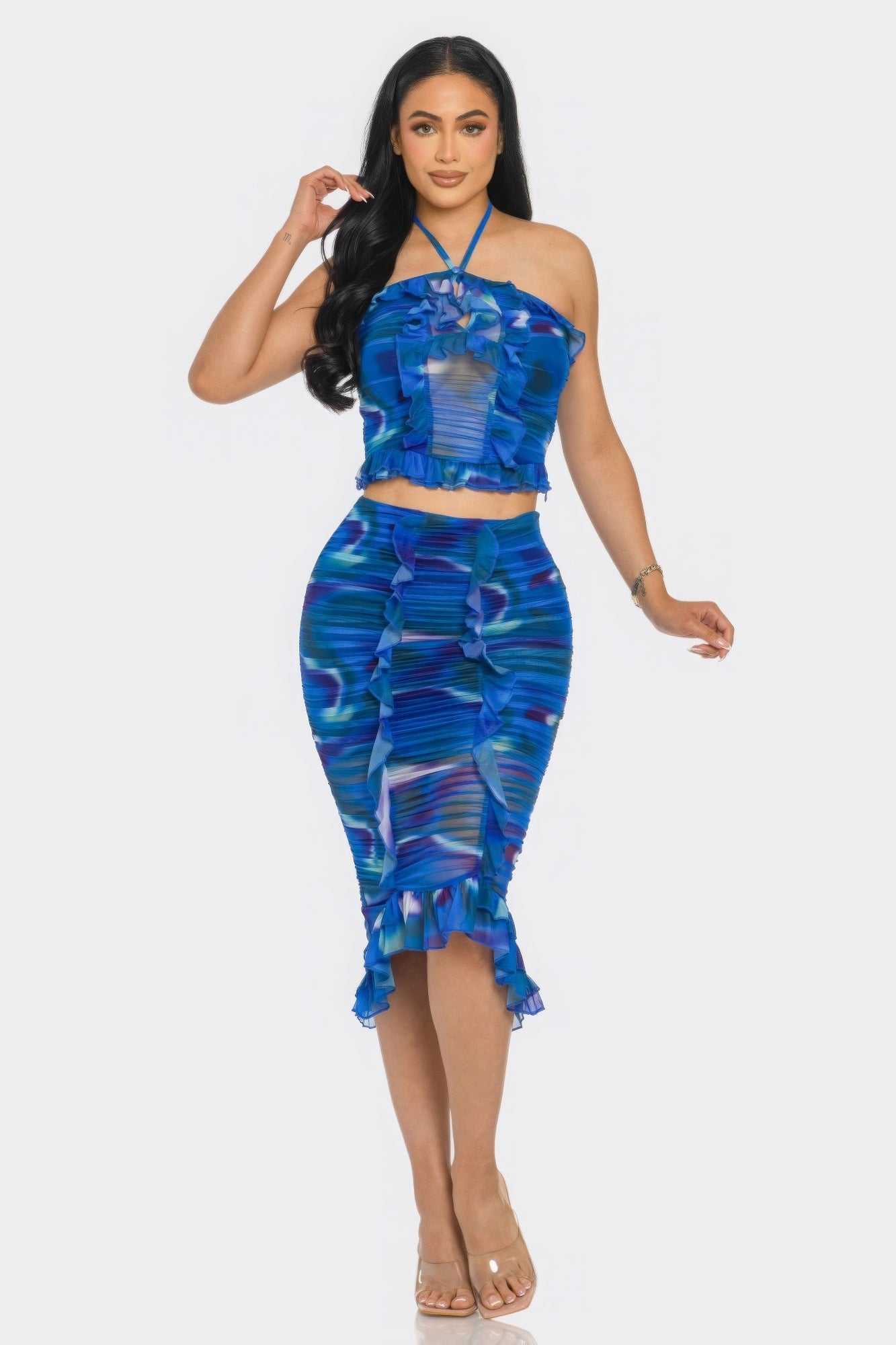 Tropical Waters Print Mesh Ruffle Halter Skirt Set.