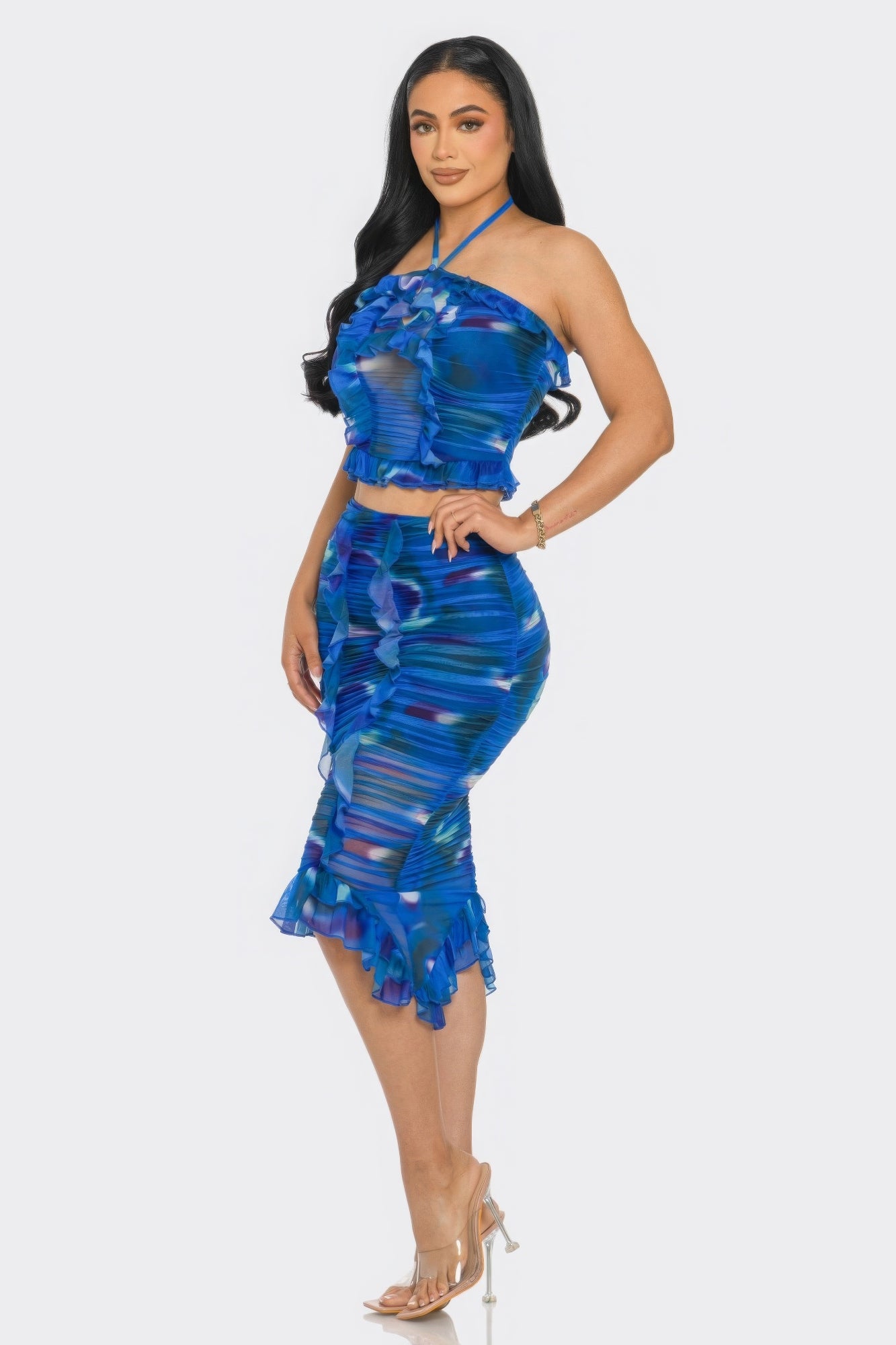 Tropical Waters Print Mesh Ruffle Halter Skirt Set.