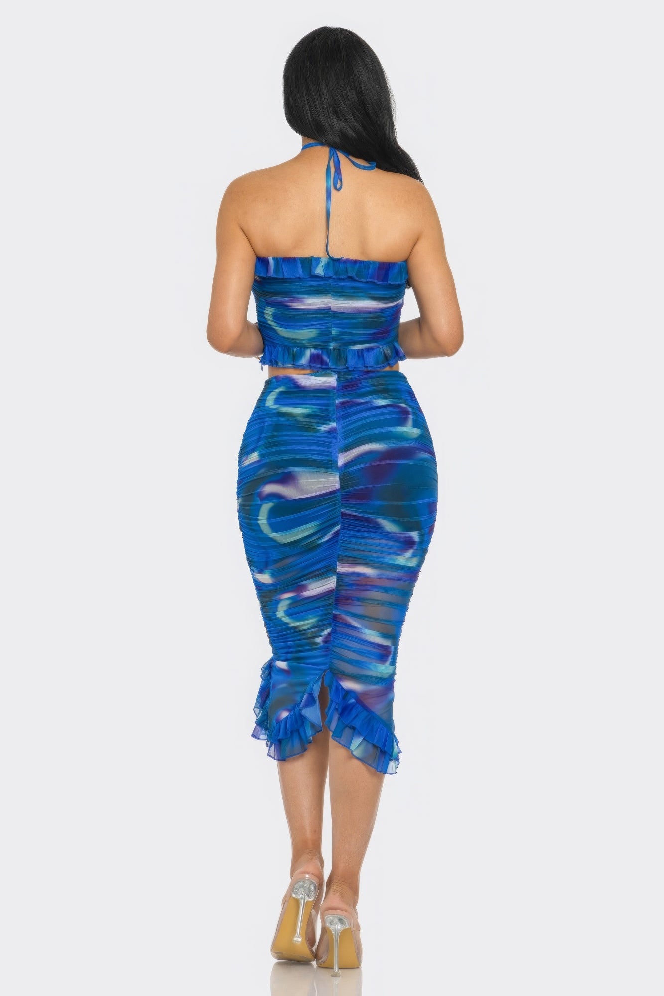 Tropical Waters Print Mesh Ruffle Halter Skirt Set.
