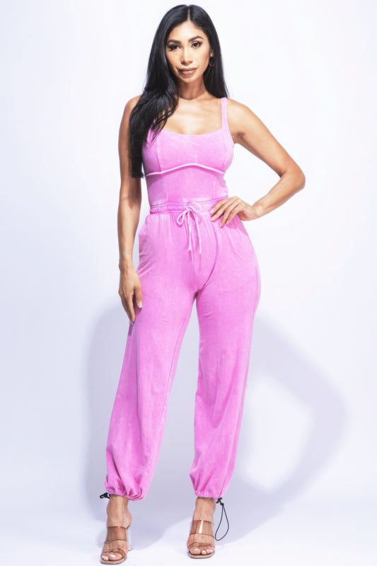 Washed Jumpsuit With Adjustable Ankle.