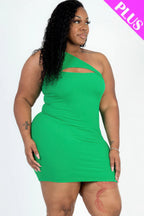 Plus Size Ribbed One Shoulder Cutout Front Casual Mini Bodycon Dress.