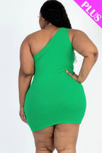 Plus Size Ribbed One Shoulder Cutout Front Casual Mini Bodycon Dress.