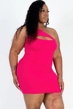 Plus Size Ribbed One Shoulder Cutout Front Casual Mini Bodycon Dress.