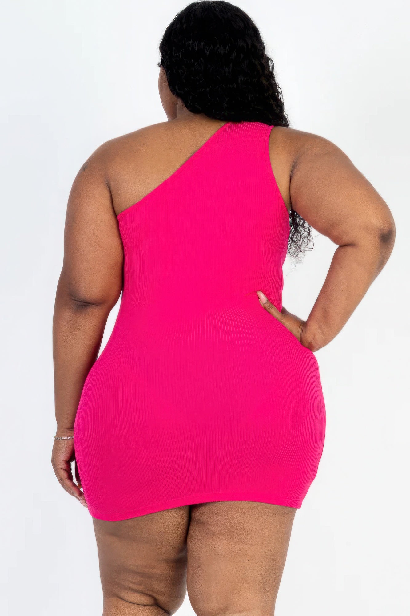 Plus Size Ribbed One Shoulder Cutout Front Casual Mini Bodycon Dress.