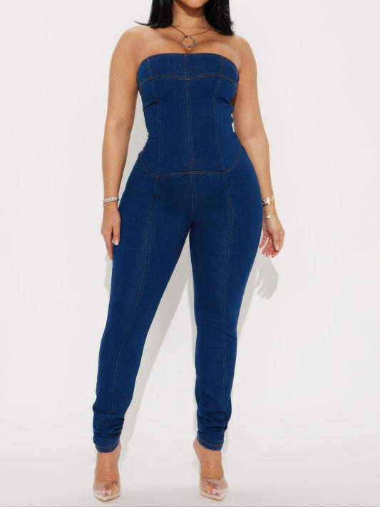 Strapless Denim Jumpsuit With Lace Up Back.