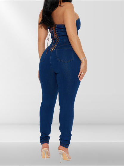 Strapless Denim Jumpsuit With Lace Up Back.