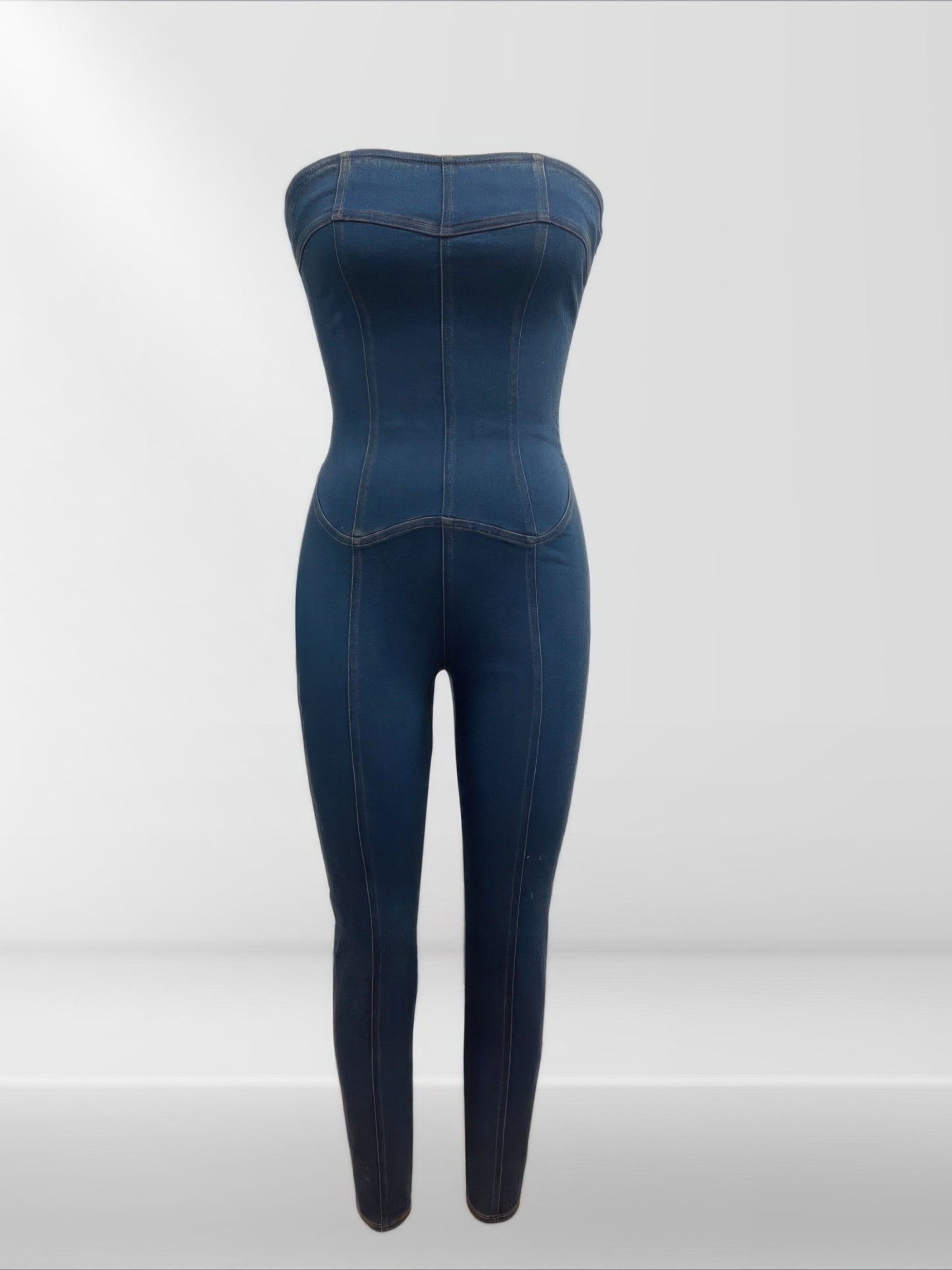 Strapless Denim Jumpsuit With Lace Up Back.