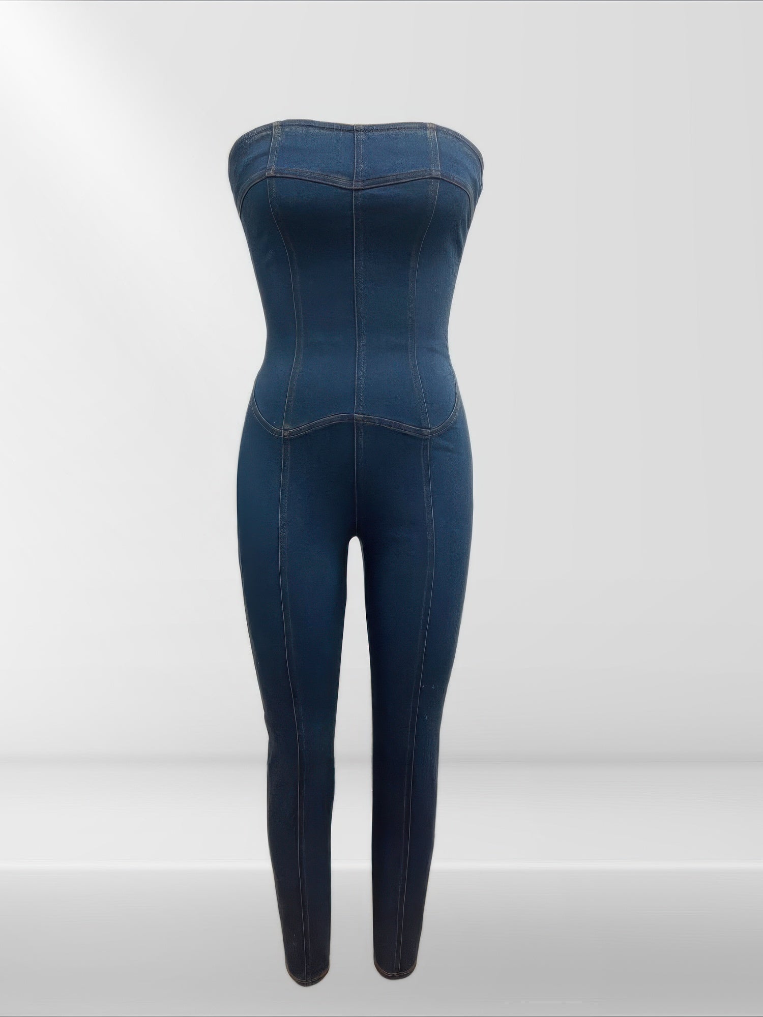 Strapless Denim Jumpsuit With Lace Up Back.