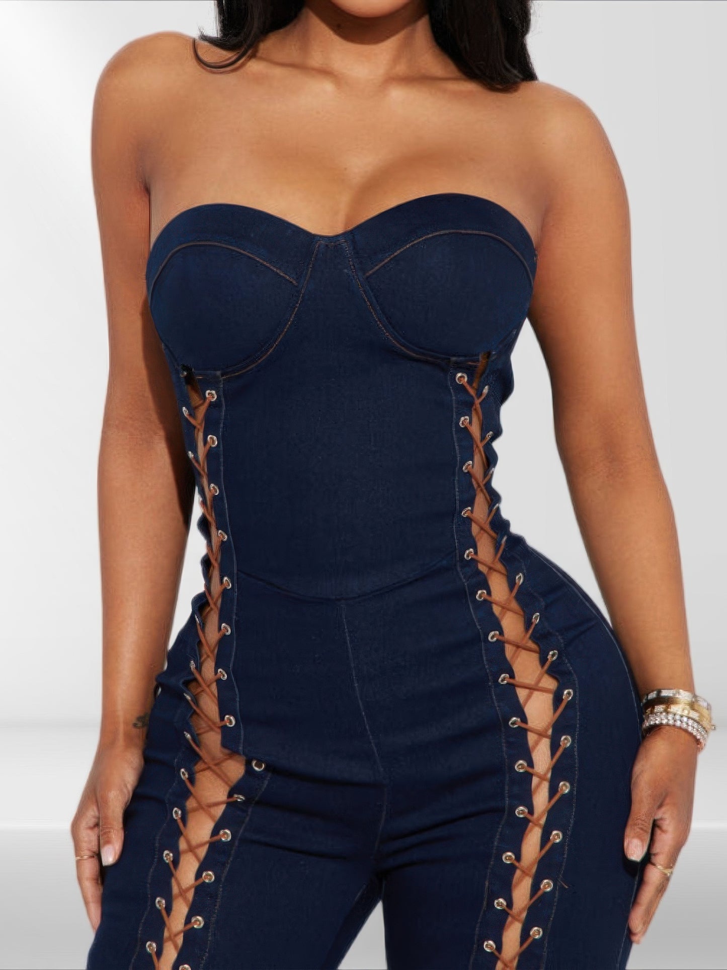 Lace Up Detail Denim Jumpsuit.