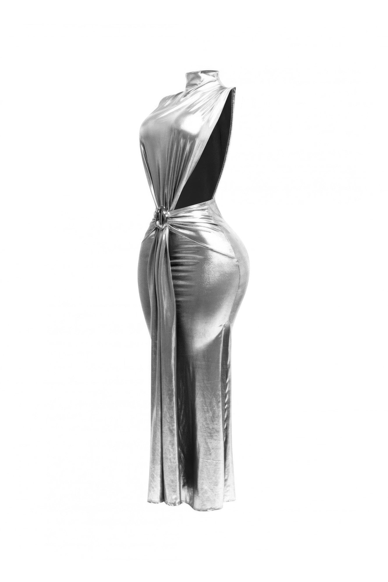 Mock Neck And Tied Waist Dress.