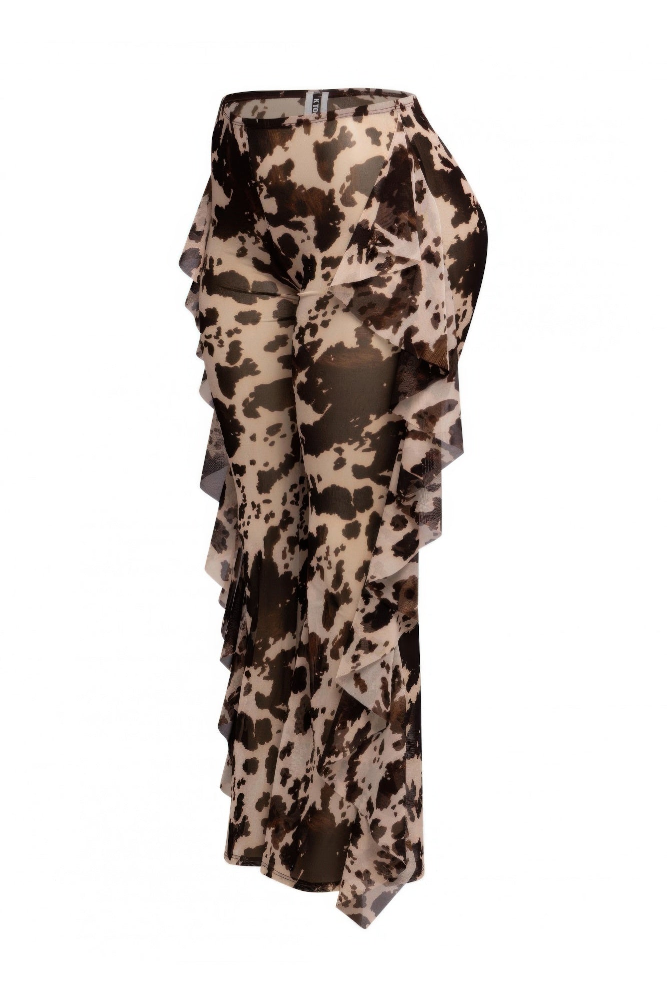 Side Ruffle Detailed Printed Mesh Pants.