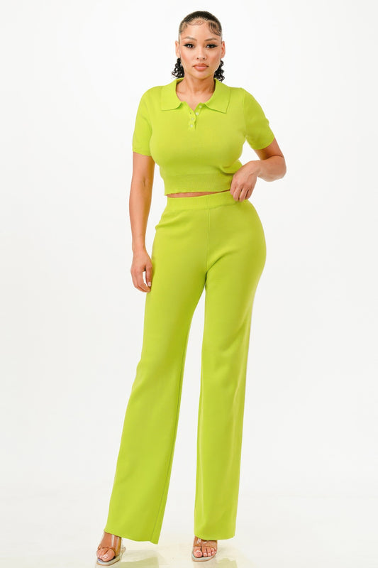 Cropped Polo Sweater Shirt And Pants Set.