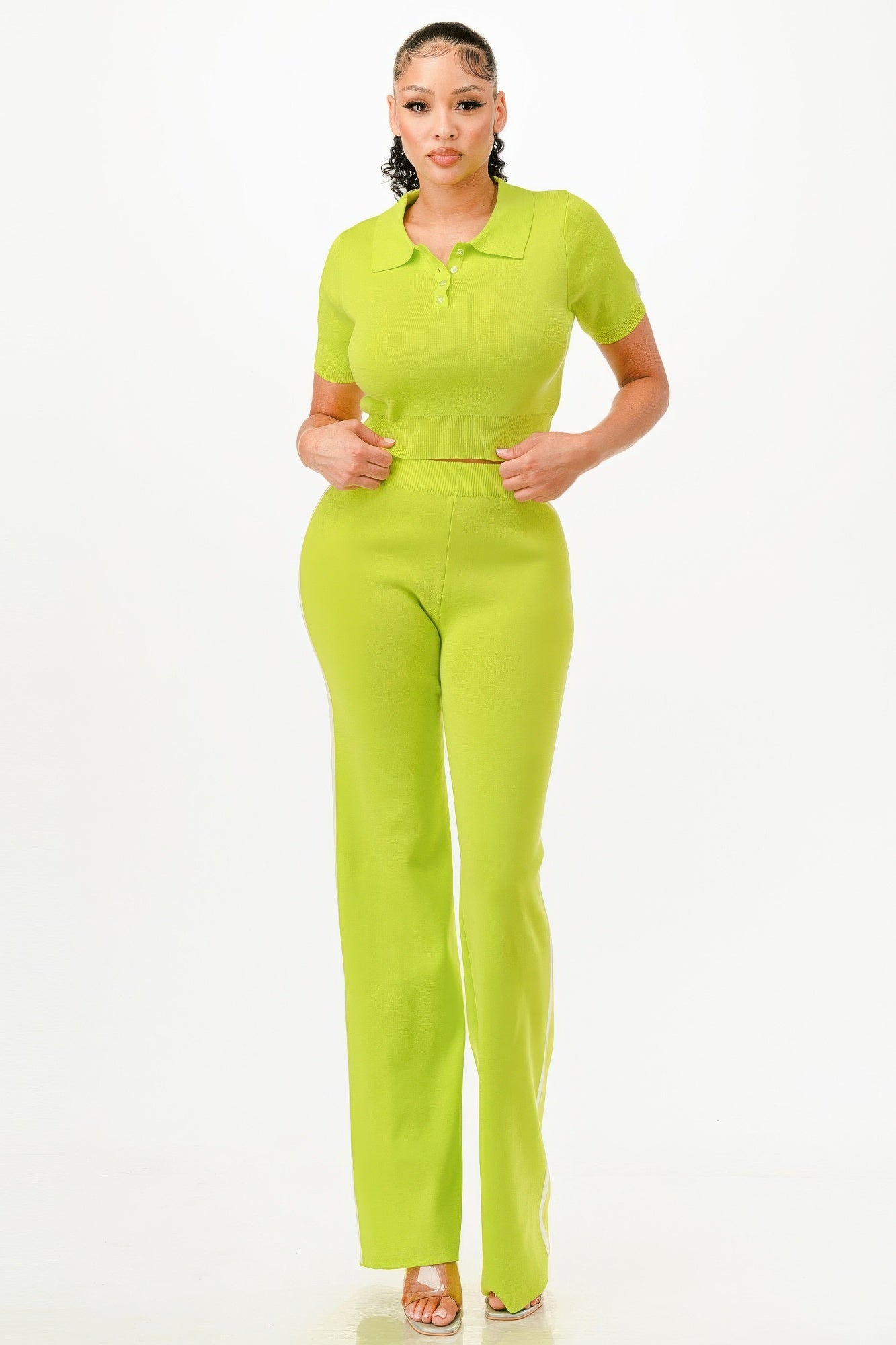 Cropped Polo Sweater Shirt And Pants Set.