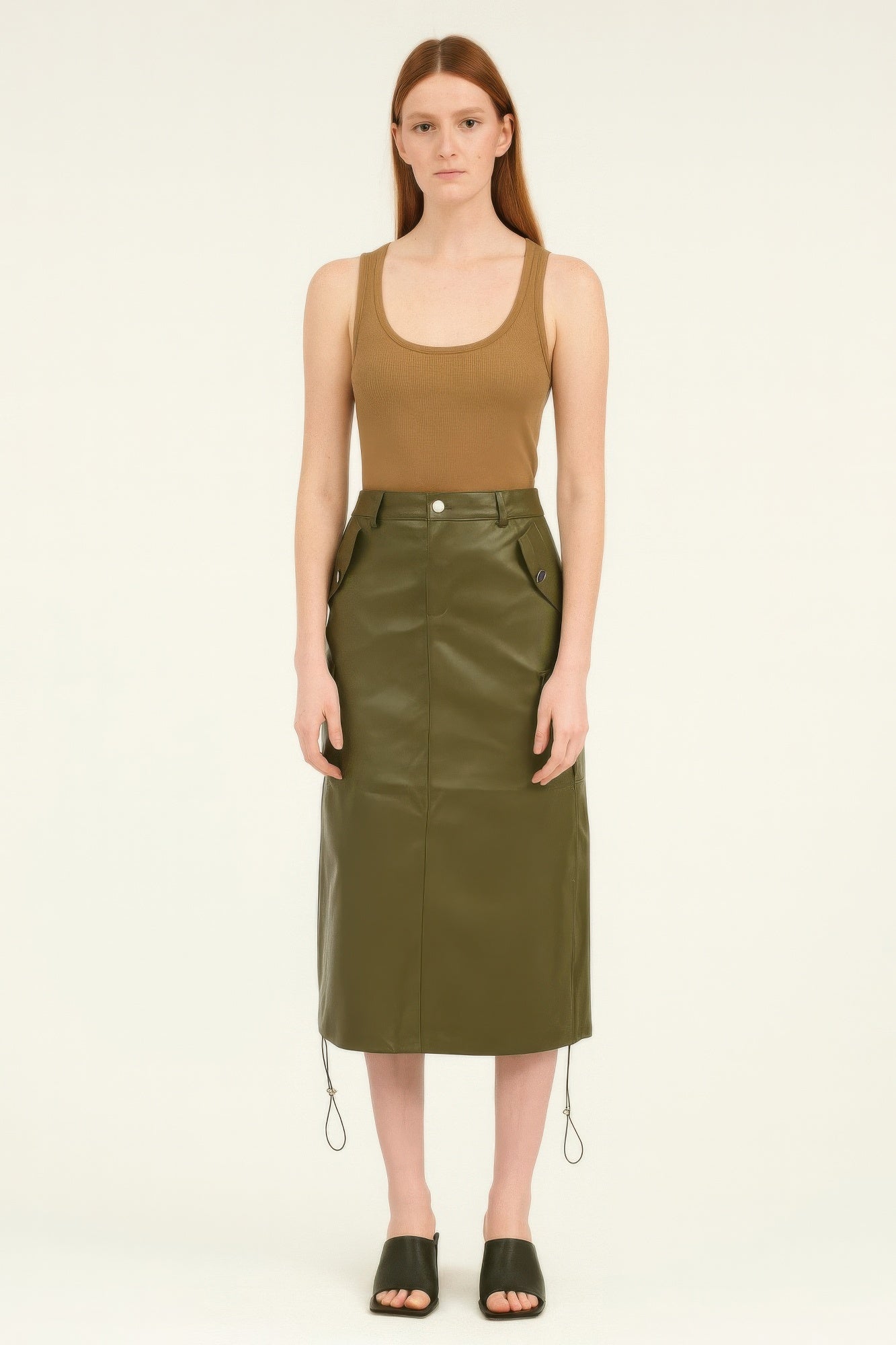 Pu Side Pockets Midi Skirt.