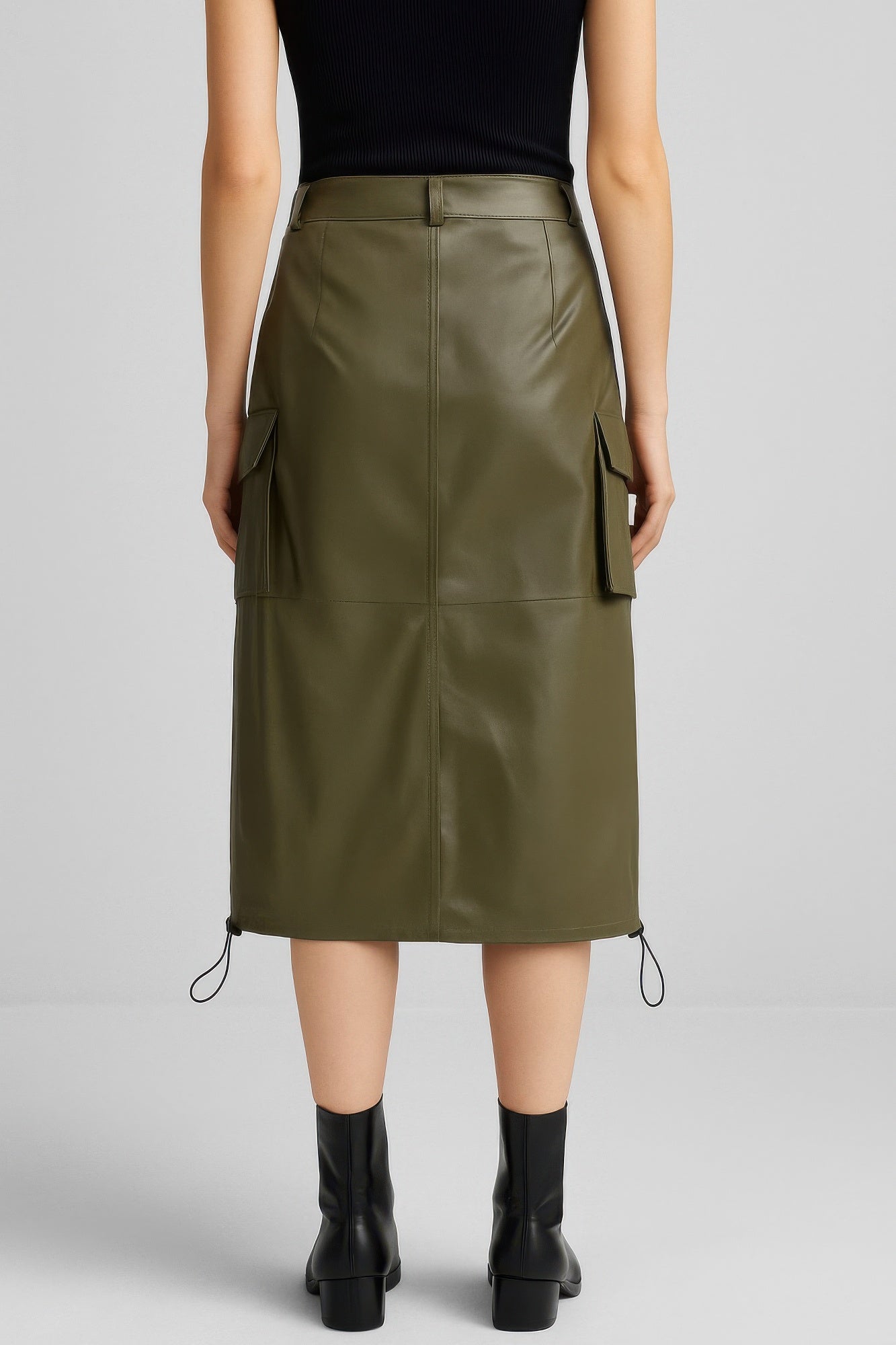 Pu Side Pockets Midi Skirt.