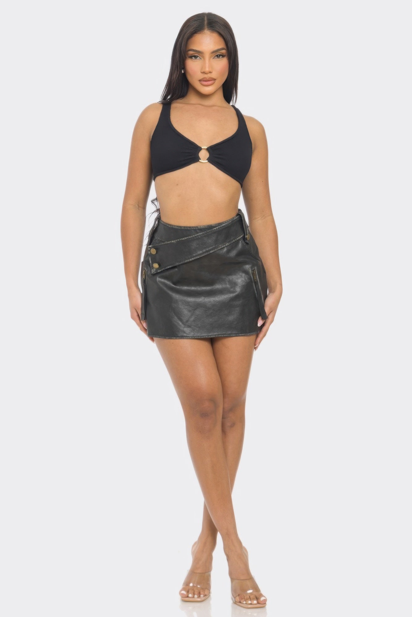 Faux Leather Strap Mini Skirt.