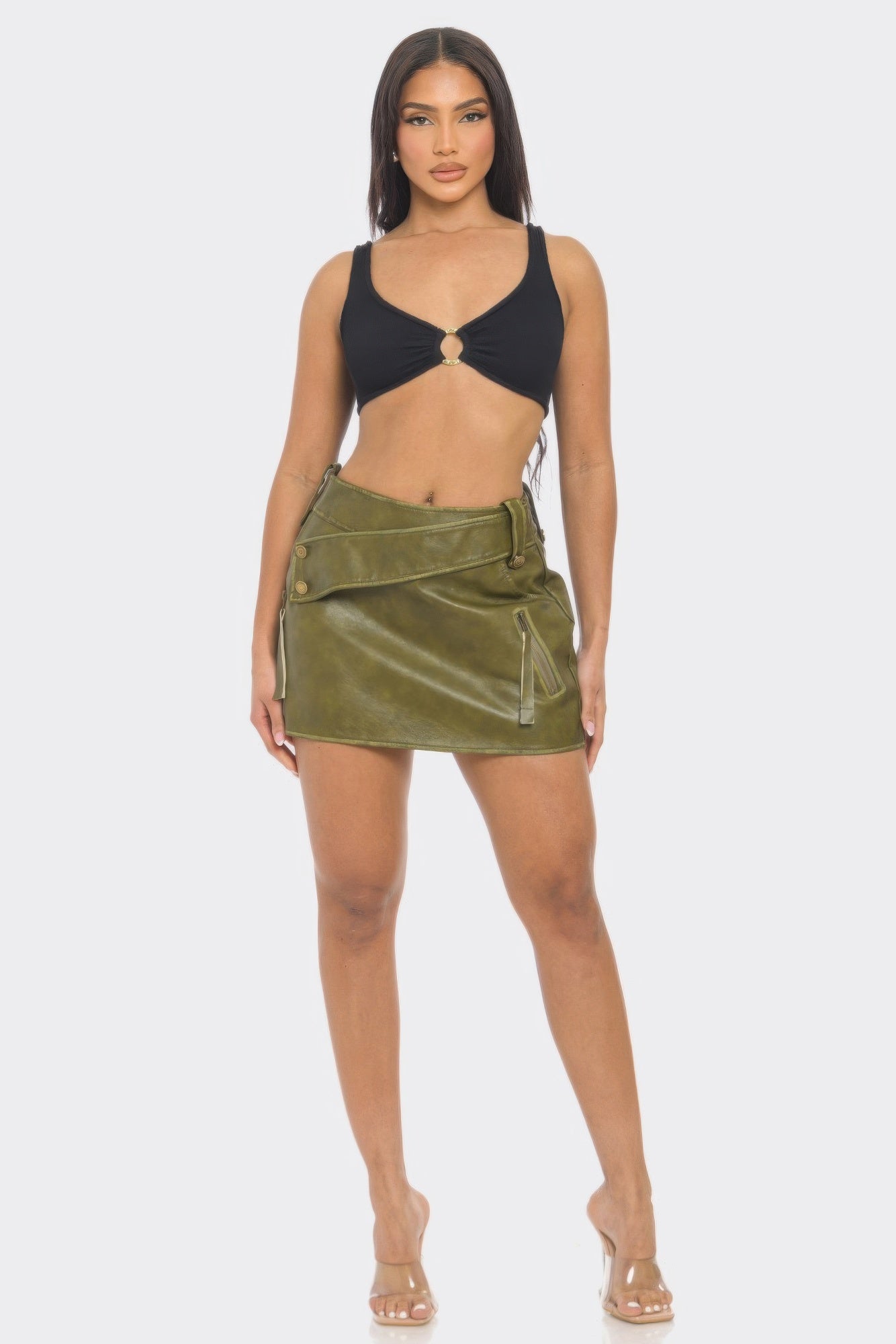 Faux Leather Strap Mini Skirt.
