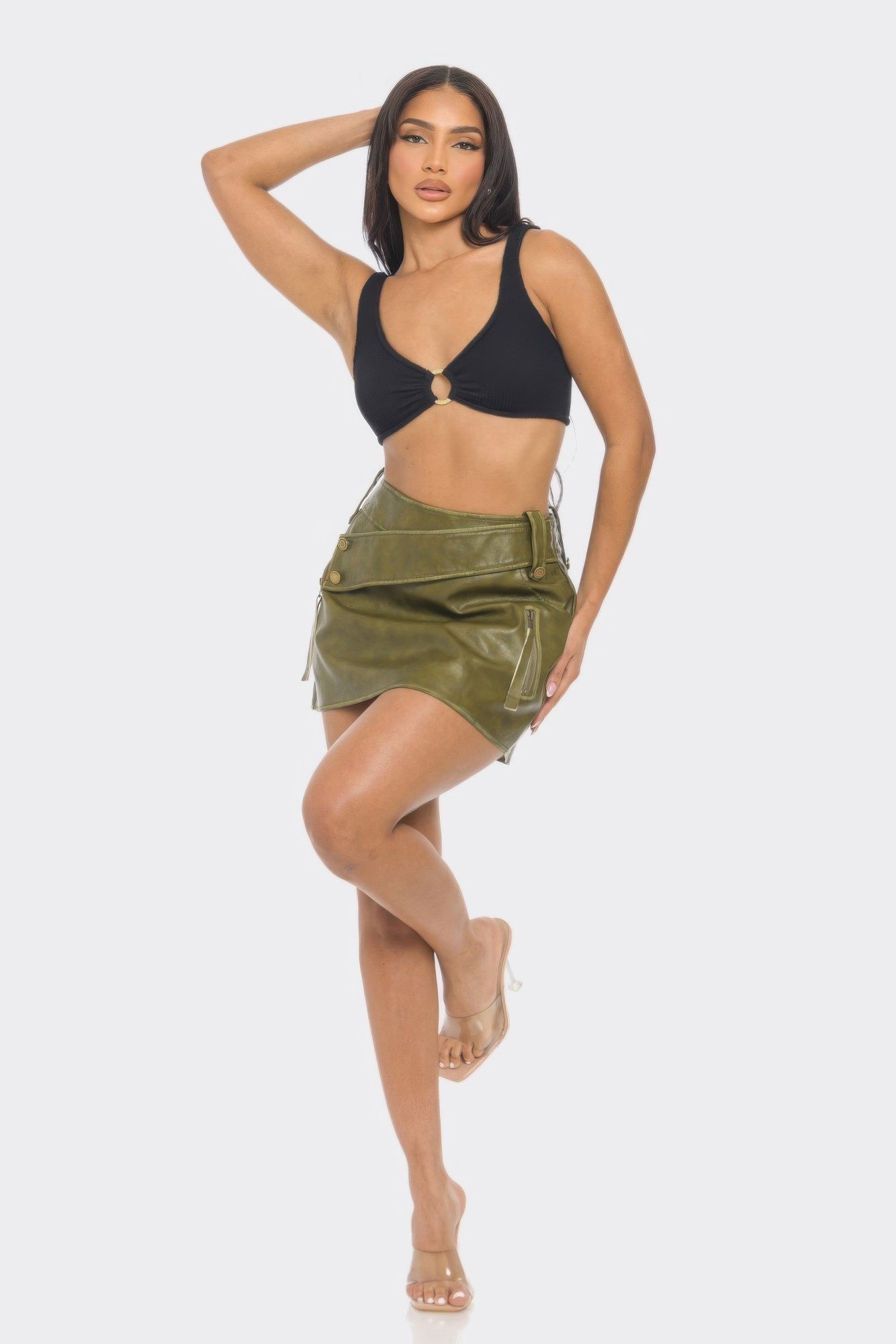 Faux Leather Strap Mini Skirt.