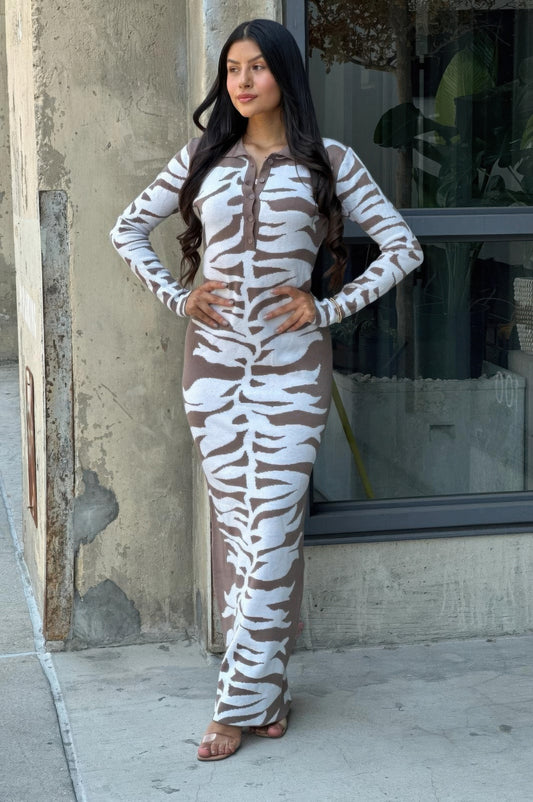 Elegant animal print sweater dress showcasing luxurious texture and sophisticated style for high-end fashion enthusiasts