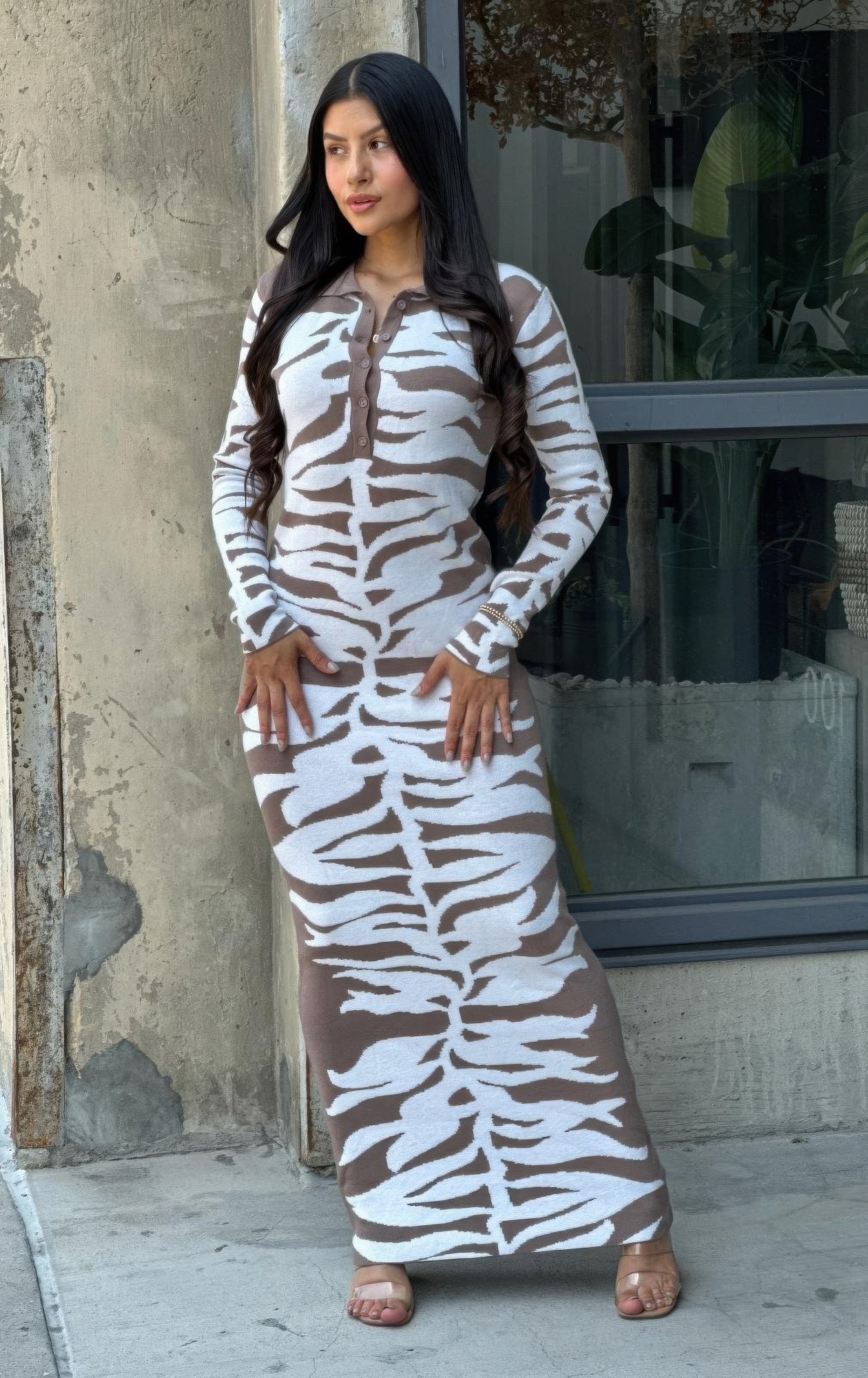 Elegant animal print sweater dress showcasing luxurious texture and sophisticated style for high-end fashion enthusiasts