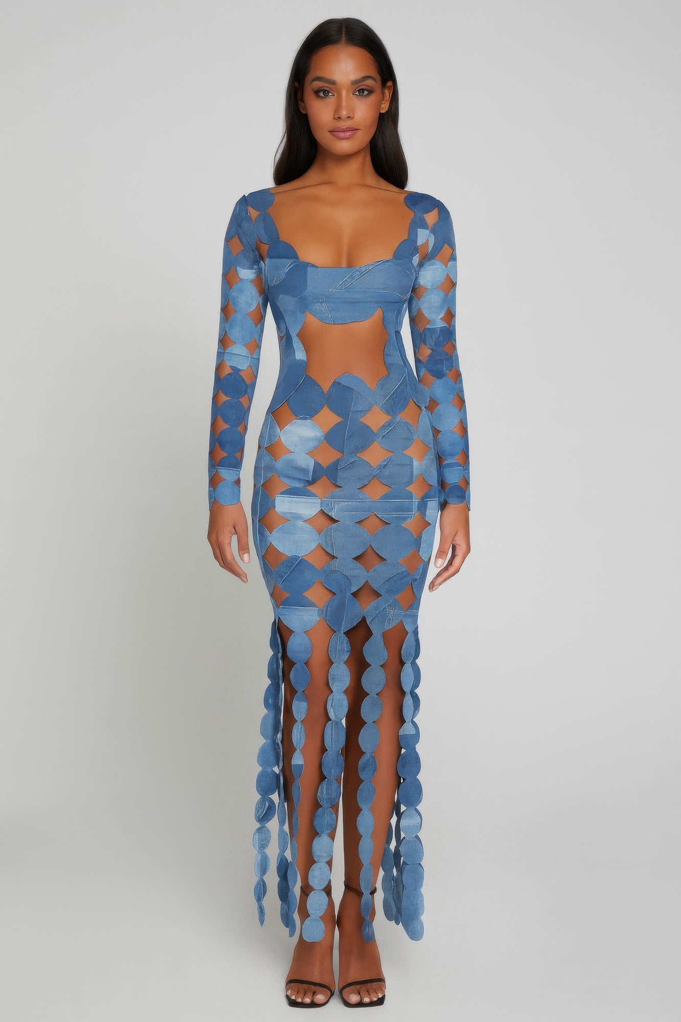 Denim Print Sexy Cut Out Maxi Dress.