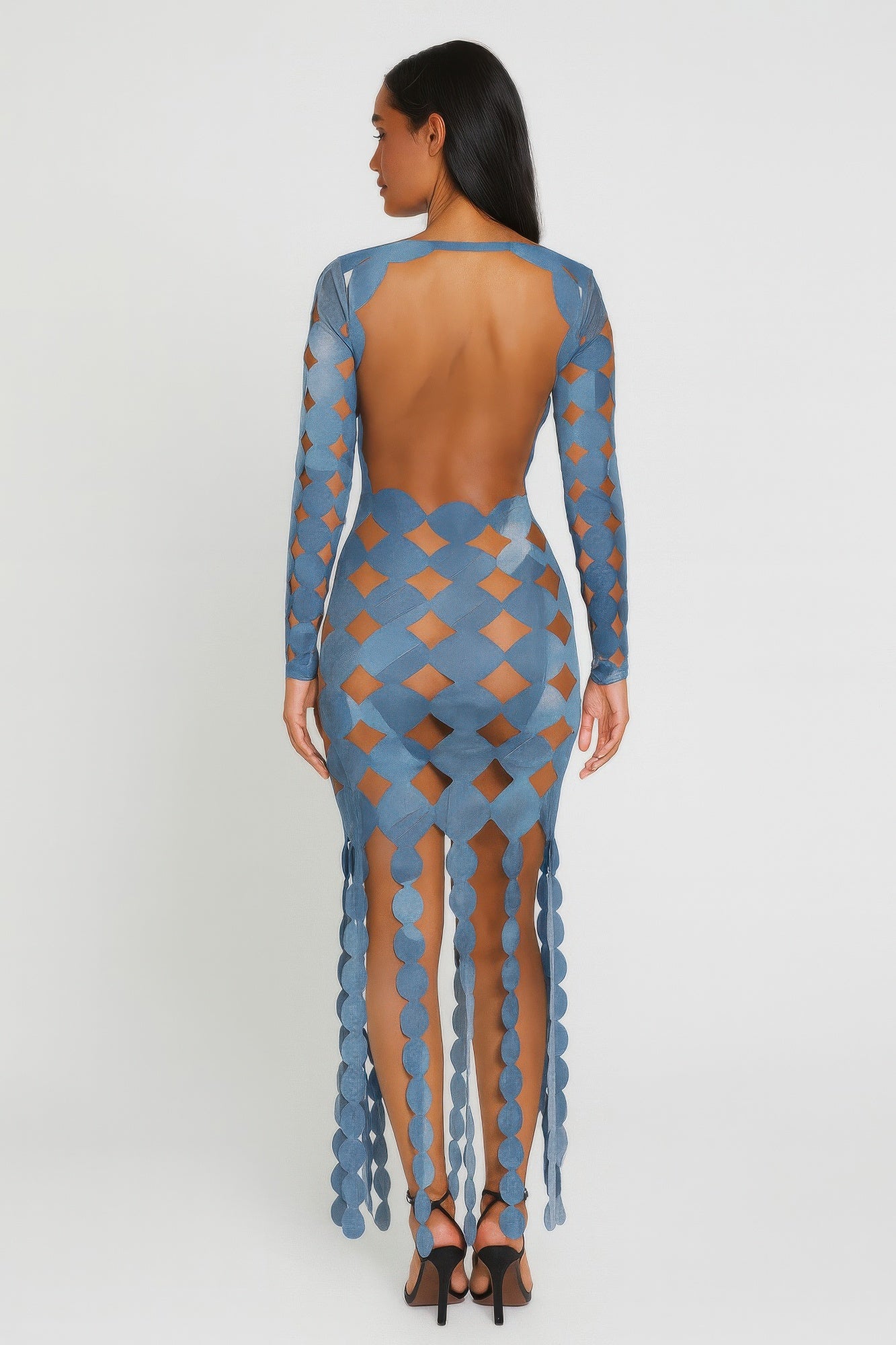 Denim Print Sexy Cut Out Maxi Dress.