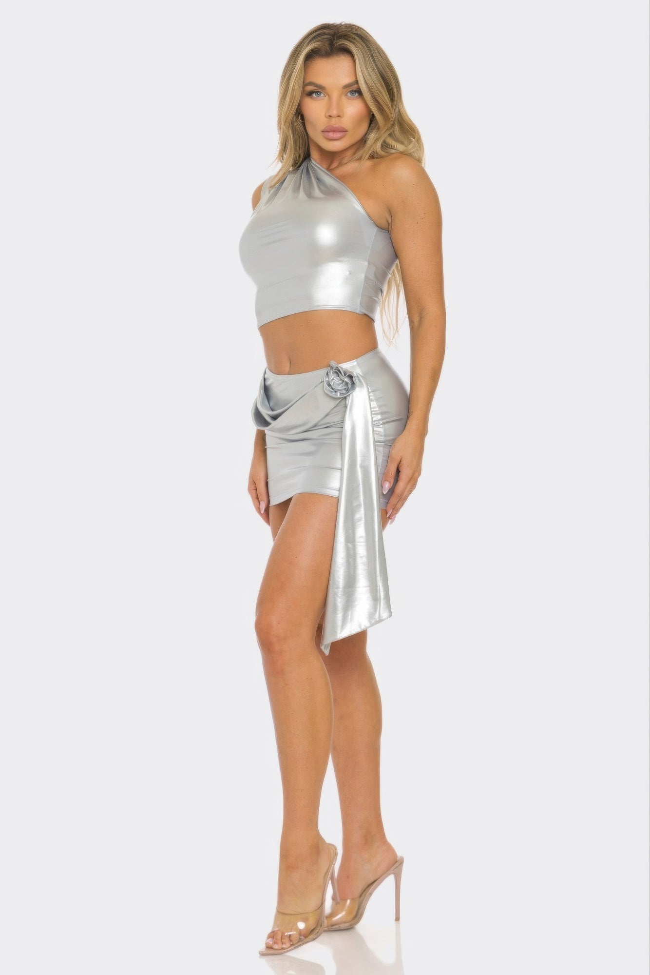 Metallic One Shoulder Crop Top Set.