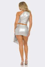 Metallic One Shoulder Crop Top Set.