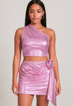 Metallic One Shoulder Crop Top Set.