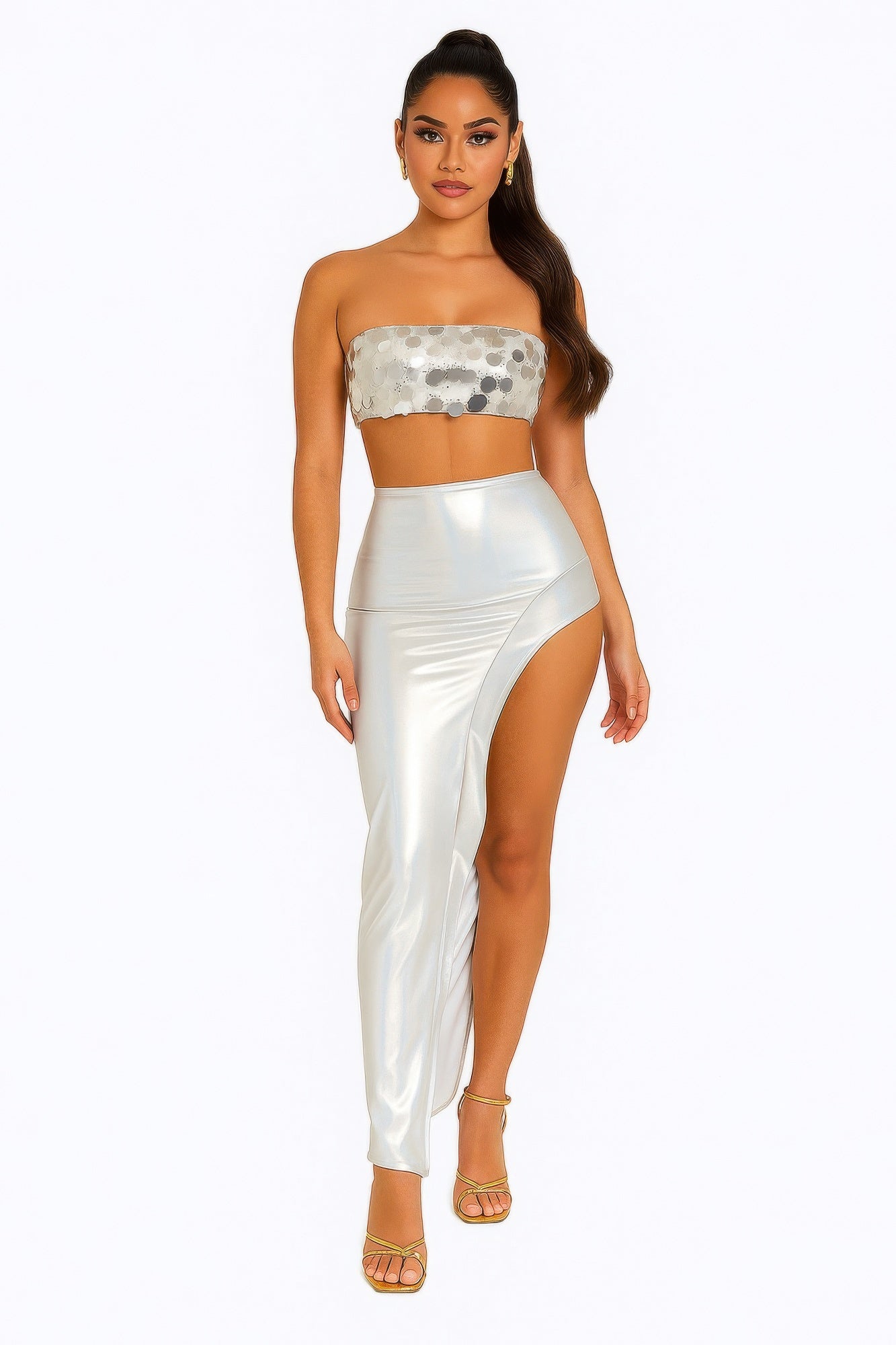 Metallic Sequin Crop Top & Skirt Set.