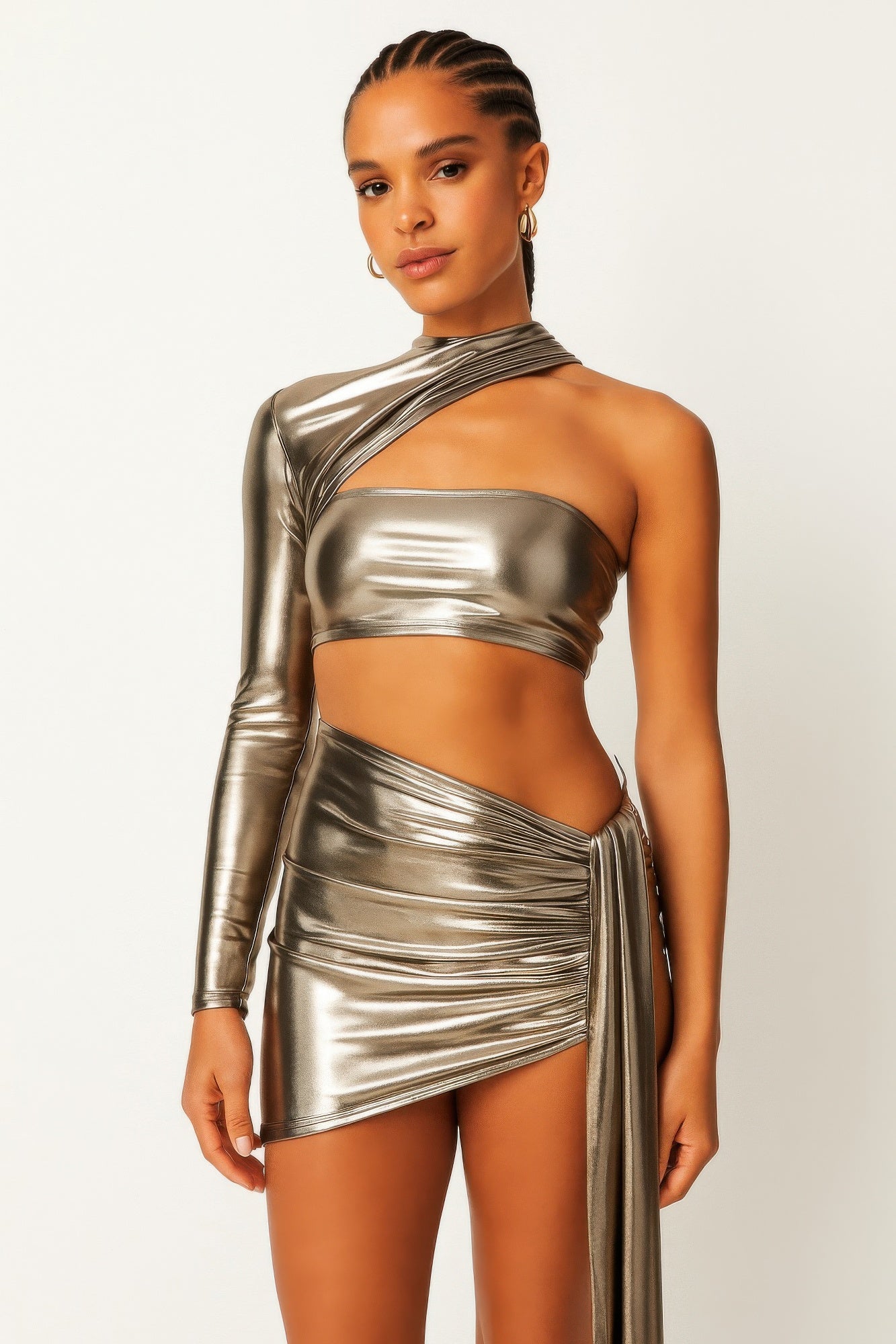 One Sleeve Metallic Top & Skirt Set.