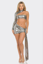 One Sleeve Metallic Top & Skirt Set.