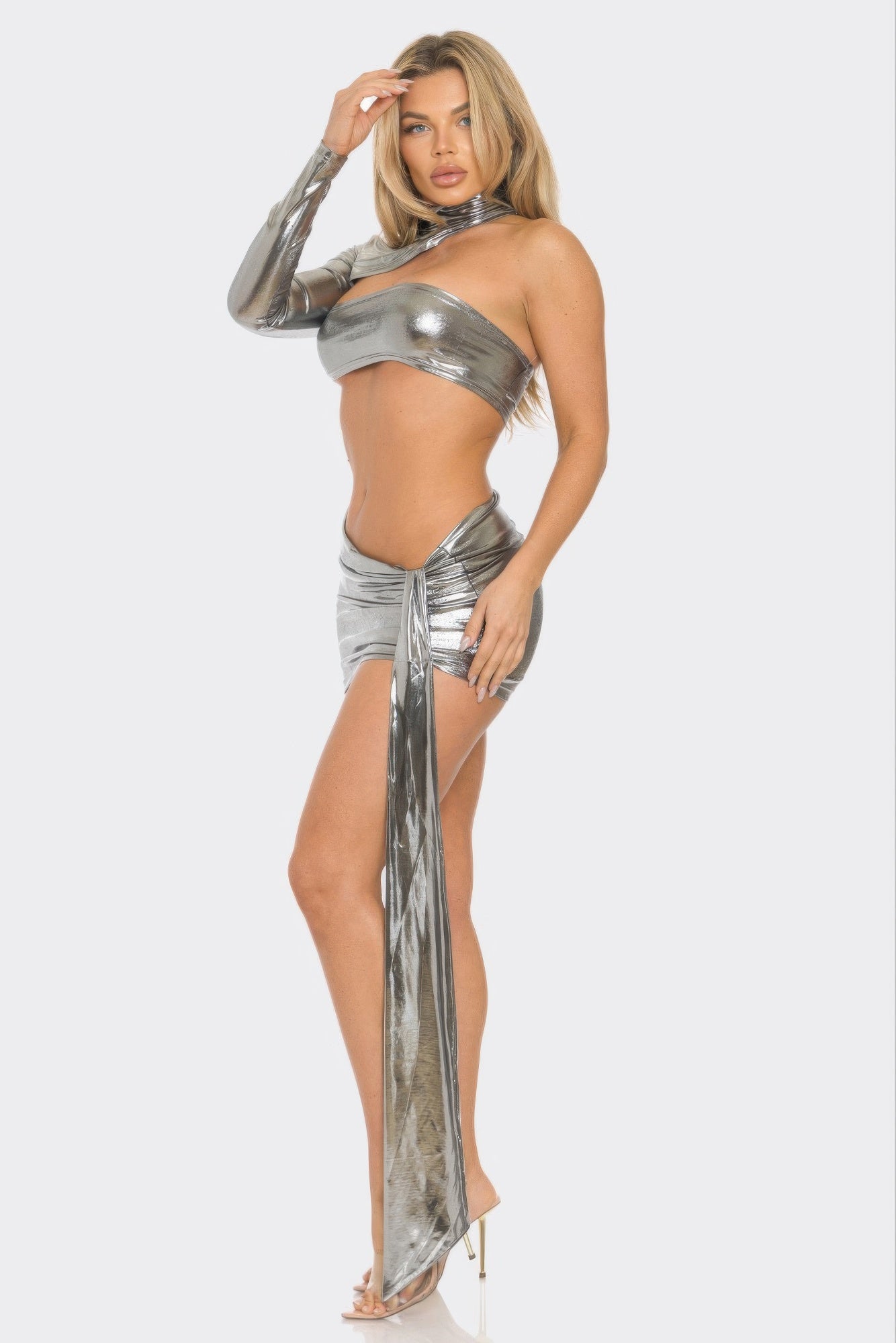 One Sleeve Metallic Top & Skirt Set.