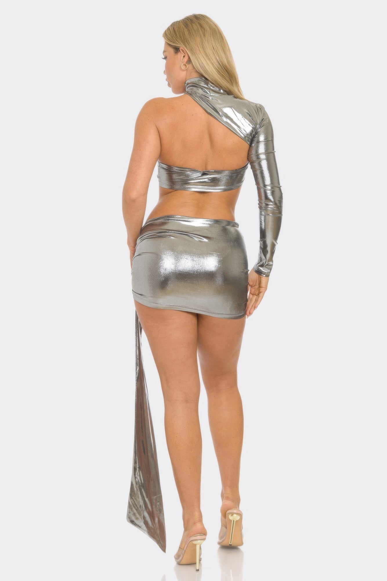 One Sleeve Metallic Top & Skirt Set.