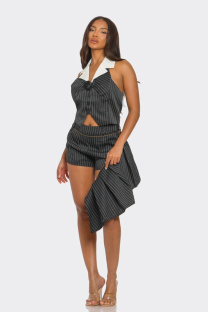 Collared Vest Pleated Skort Set.