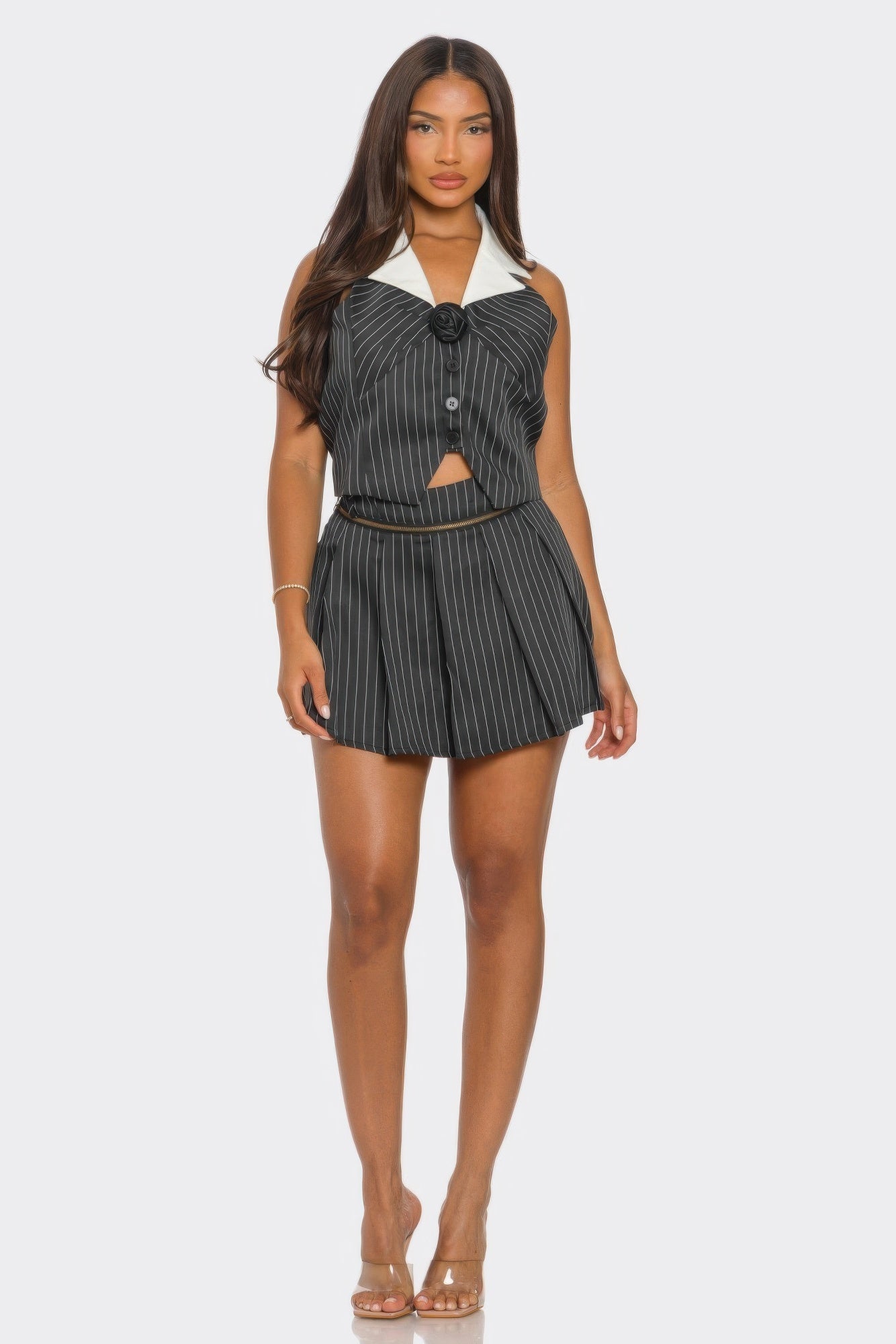 Collared Vest Pleated Skort Set.