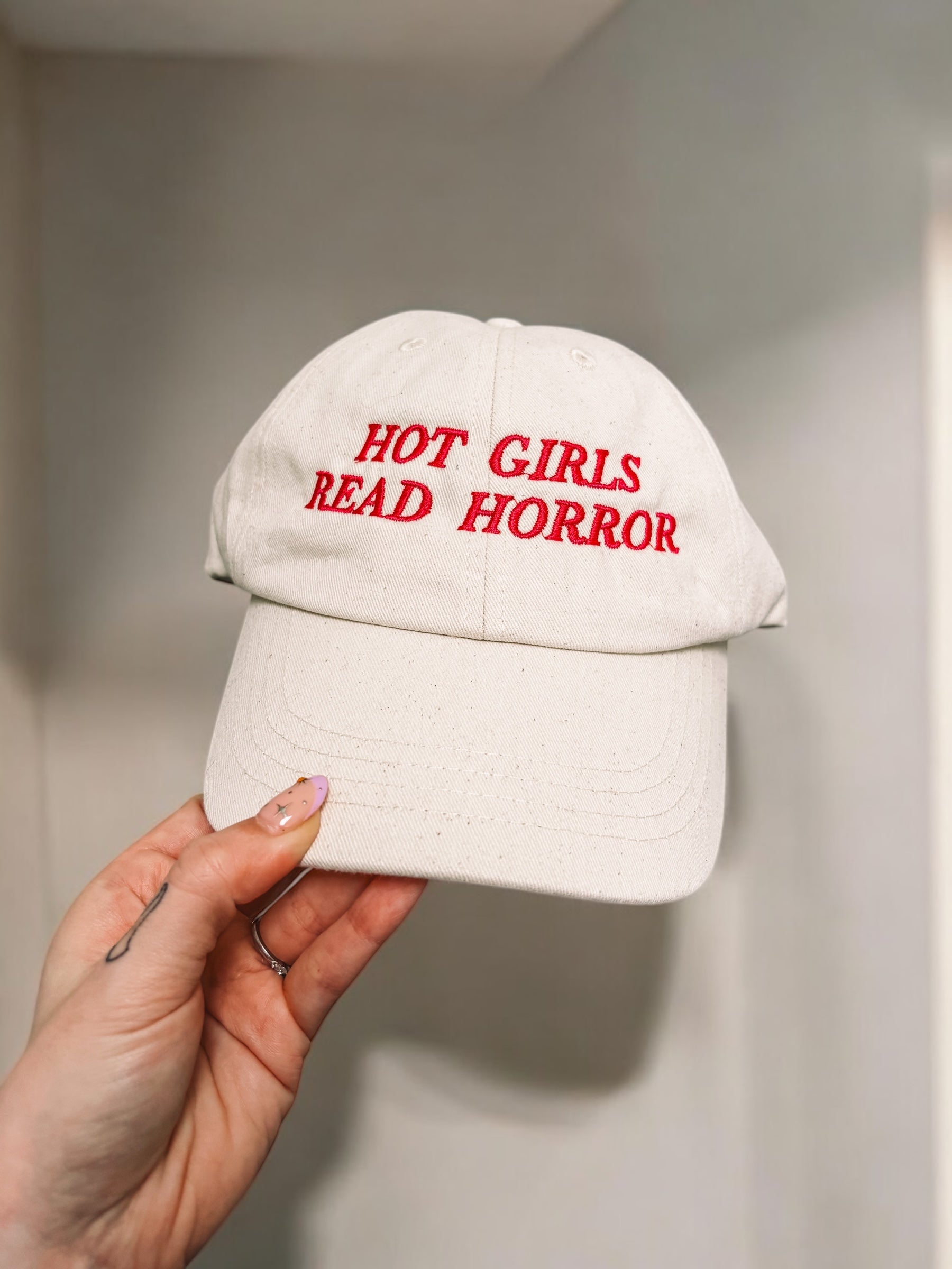 Hot Girls Read Horror embroidered baseball cap.
