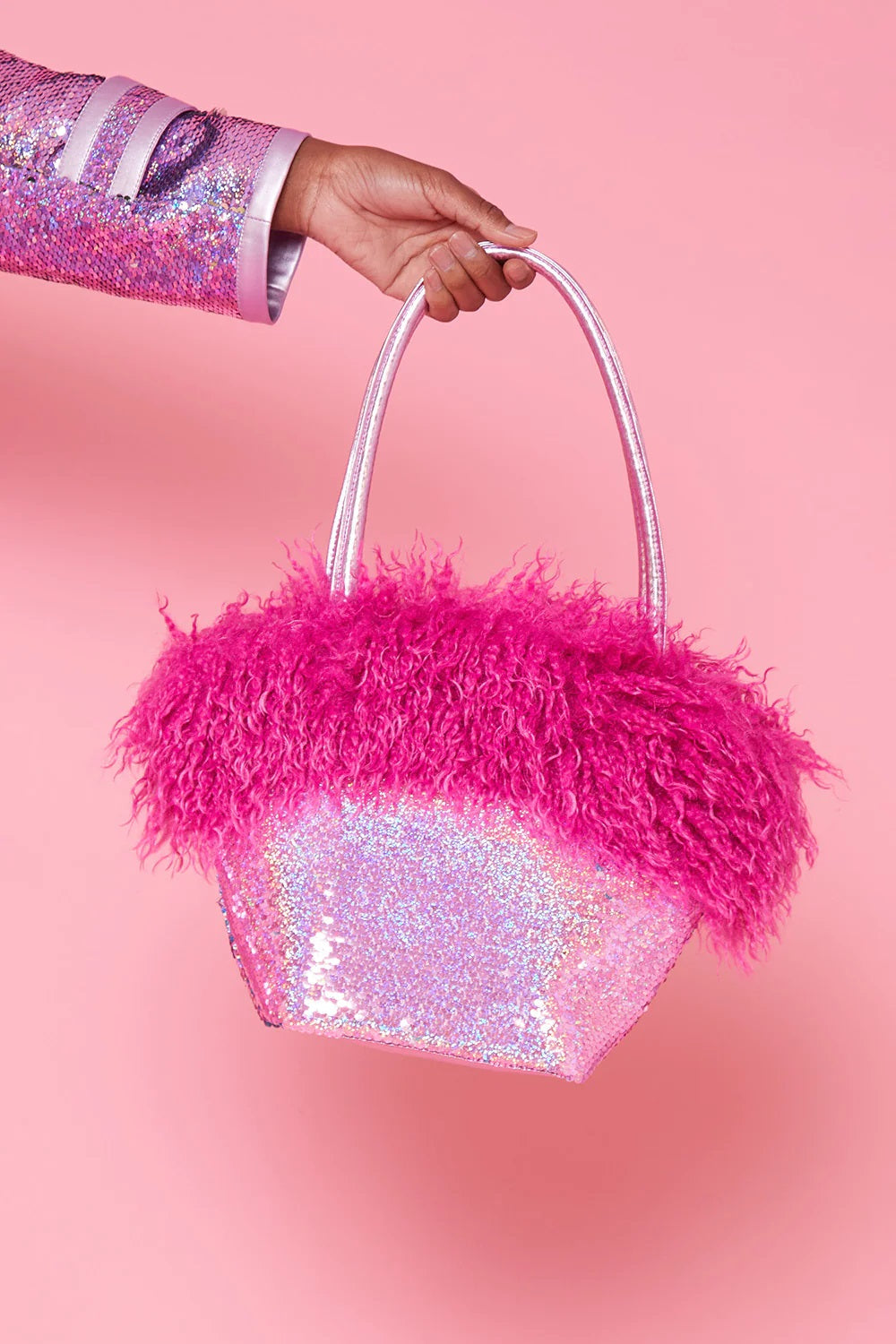 Pink Bamboo Sequin Faux Fur Bag.