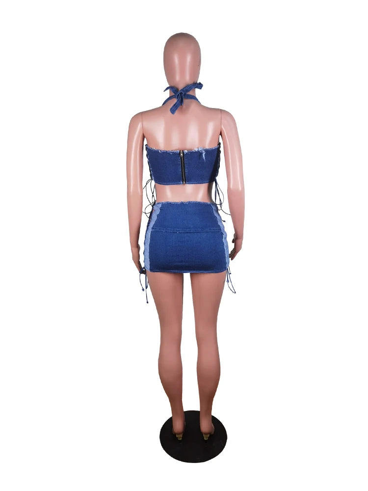 Denim Hollow Out Strapless Strap with Mini Skirt