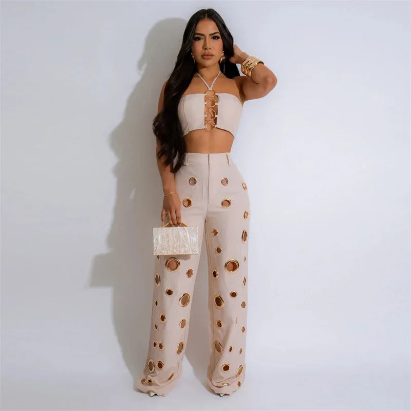 Cut Out Halter Crop Top and Pants Set.