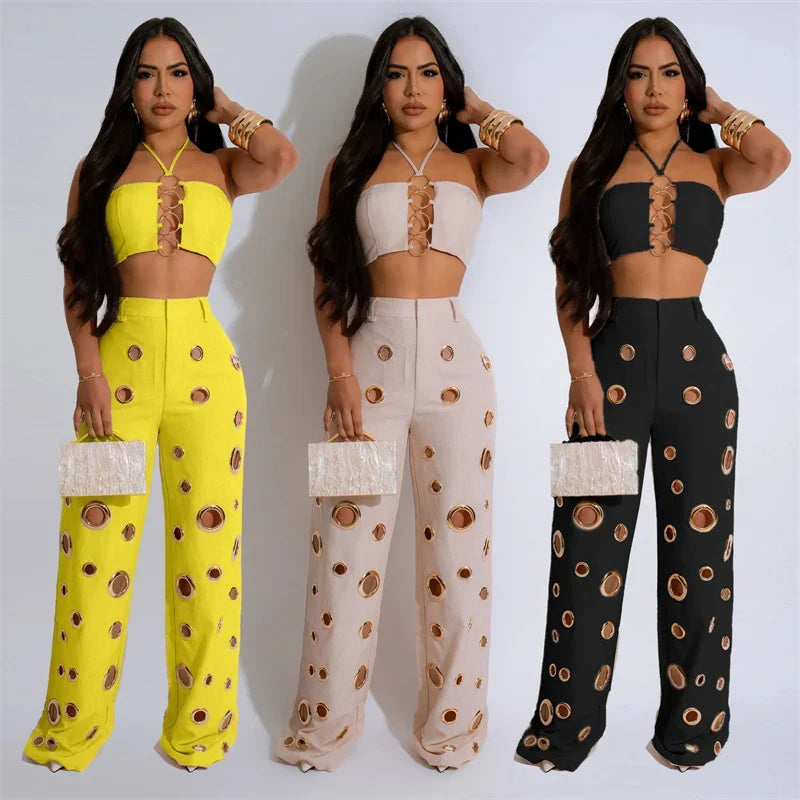 Cut Out Halter Crop Top and Pants Set
