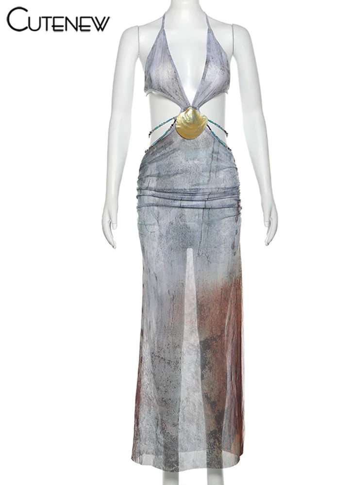 Vintage Halter V-neck Backless Maxi.