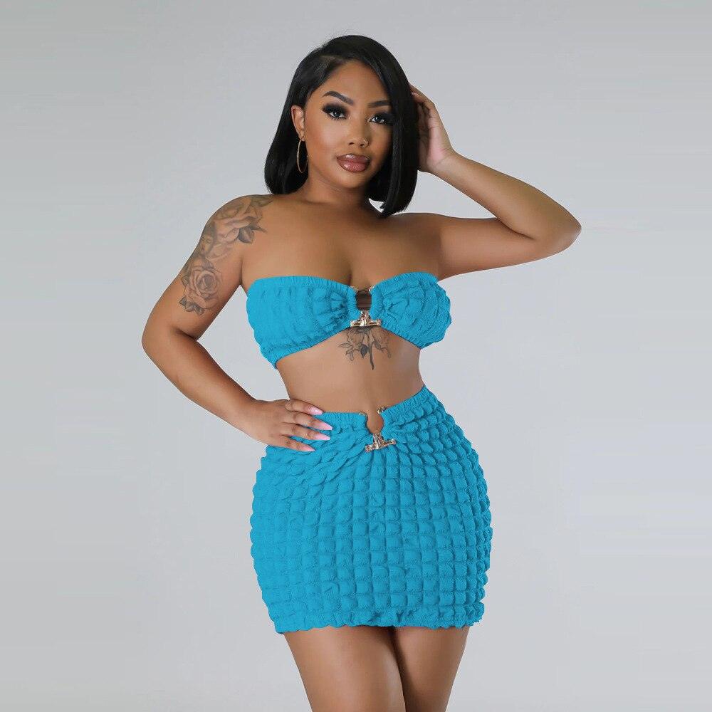 Bubble Texture Bandeau Top + Mini Skirt Set - ANNAJEVOLI