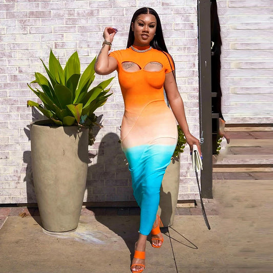 Cut Out Gradient Orange Short Sleeve Maxi Dress