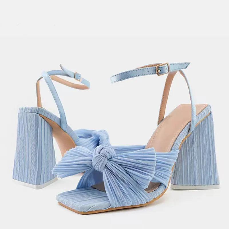 Pleated Butterfly-Knot Peep Chunky Heels - ANNAJEVOLI