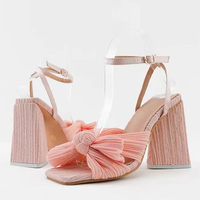 Pleated Butterfly-Knot Peep Chunky Heels - ANNAJEVOLI