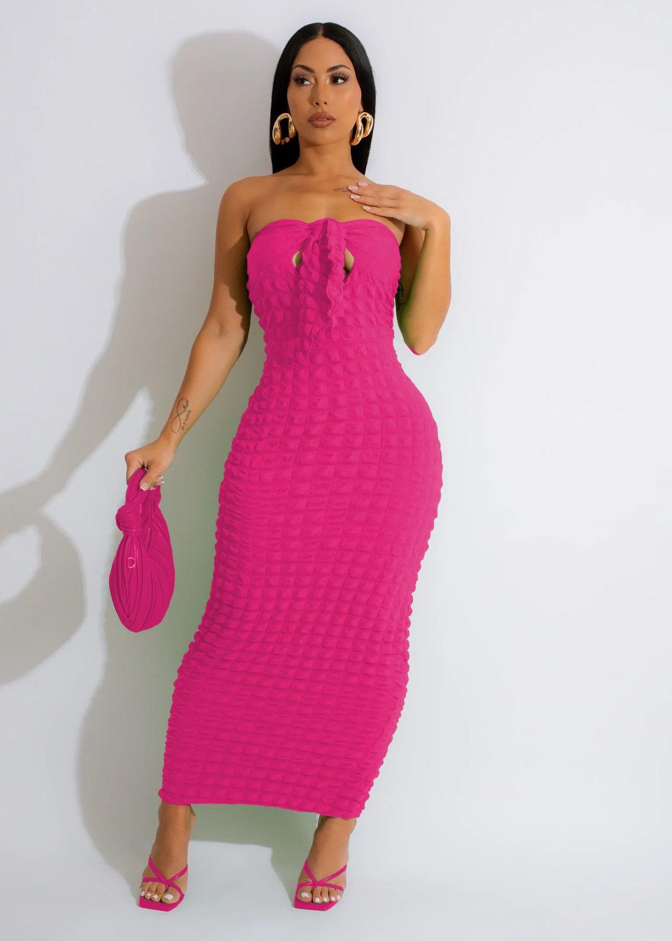 Bubble Texture Bowknot Strapless Maxi Dress