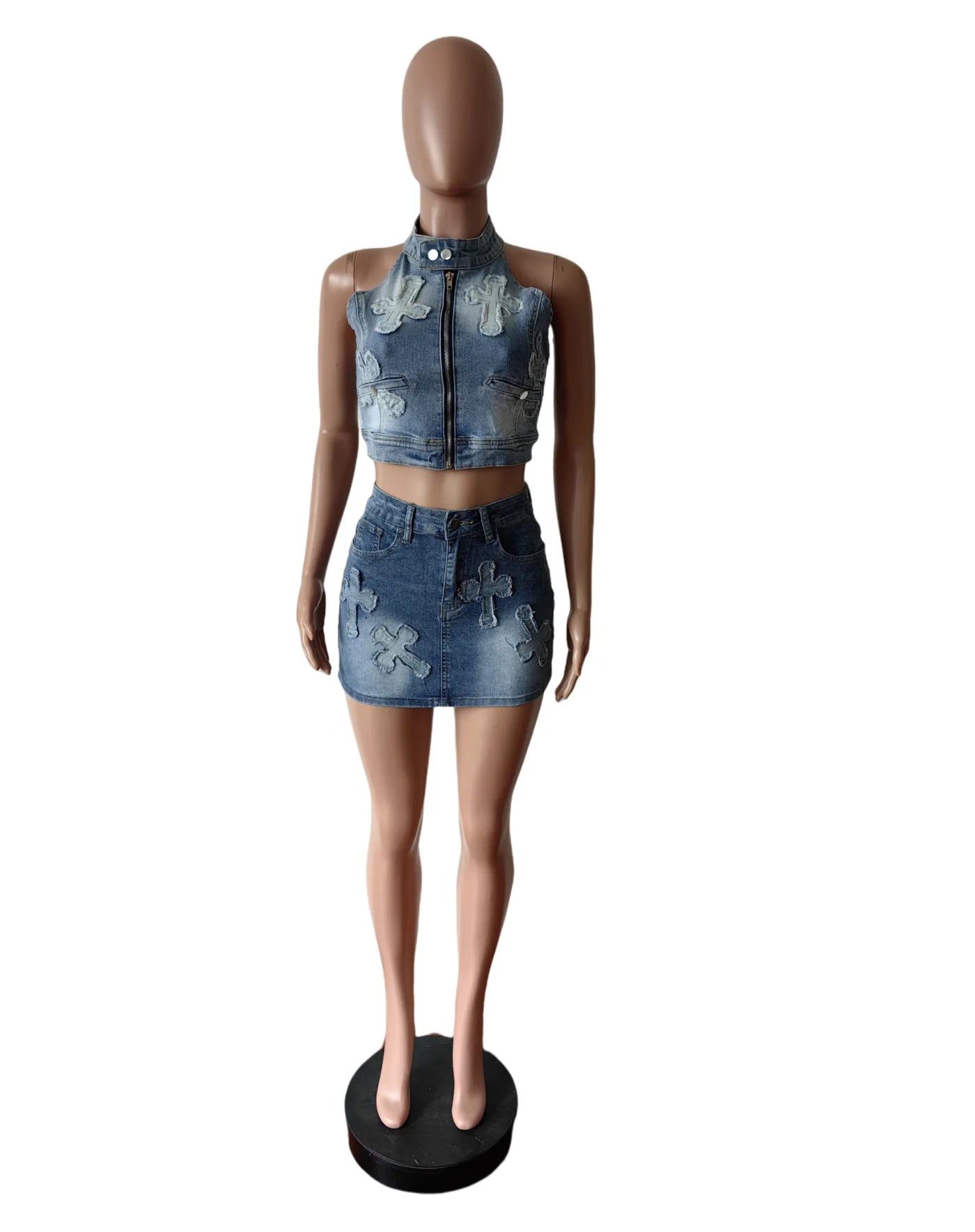 Cross Embroider Denim Zip-Up Top + Mini Skirt Set