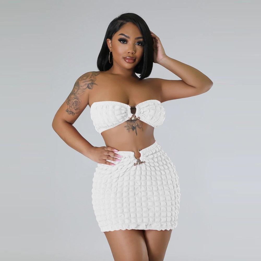 Bubble Texture Bandeau Top + Mini Skirt Set - ANNAJEVOLI