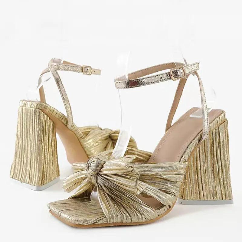 Pleated Butterfly-Knot Peep Chunky Heels - ANNAJEVOLI